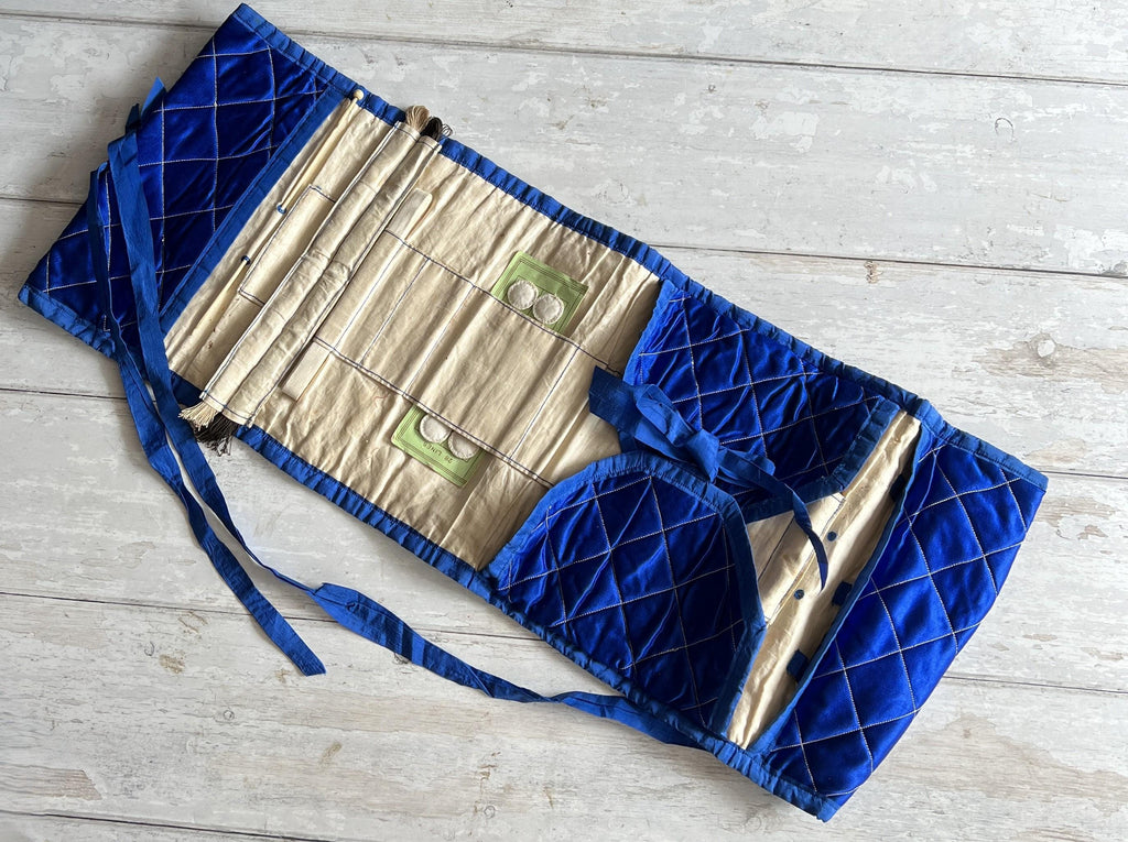 Victorian Sewing Roll Huusif Sewing Tool Roll-Up C 1890 Large Blue Silk Satin