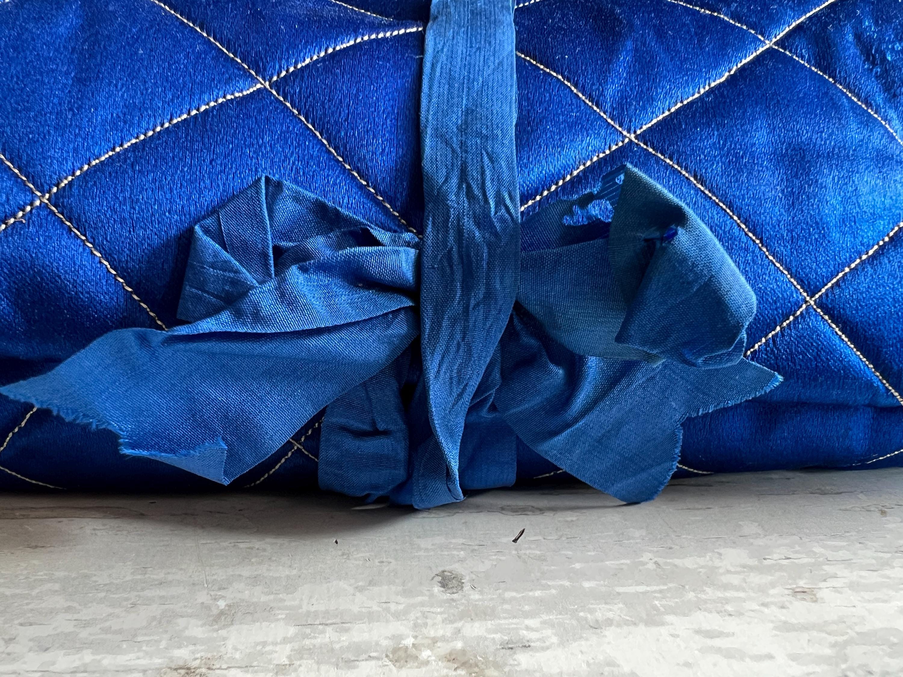 Victorian Sewing Roll Huusif Sewing Tool Roll-Up C 1890 Large Blue Silk Satin