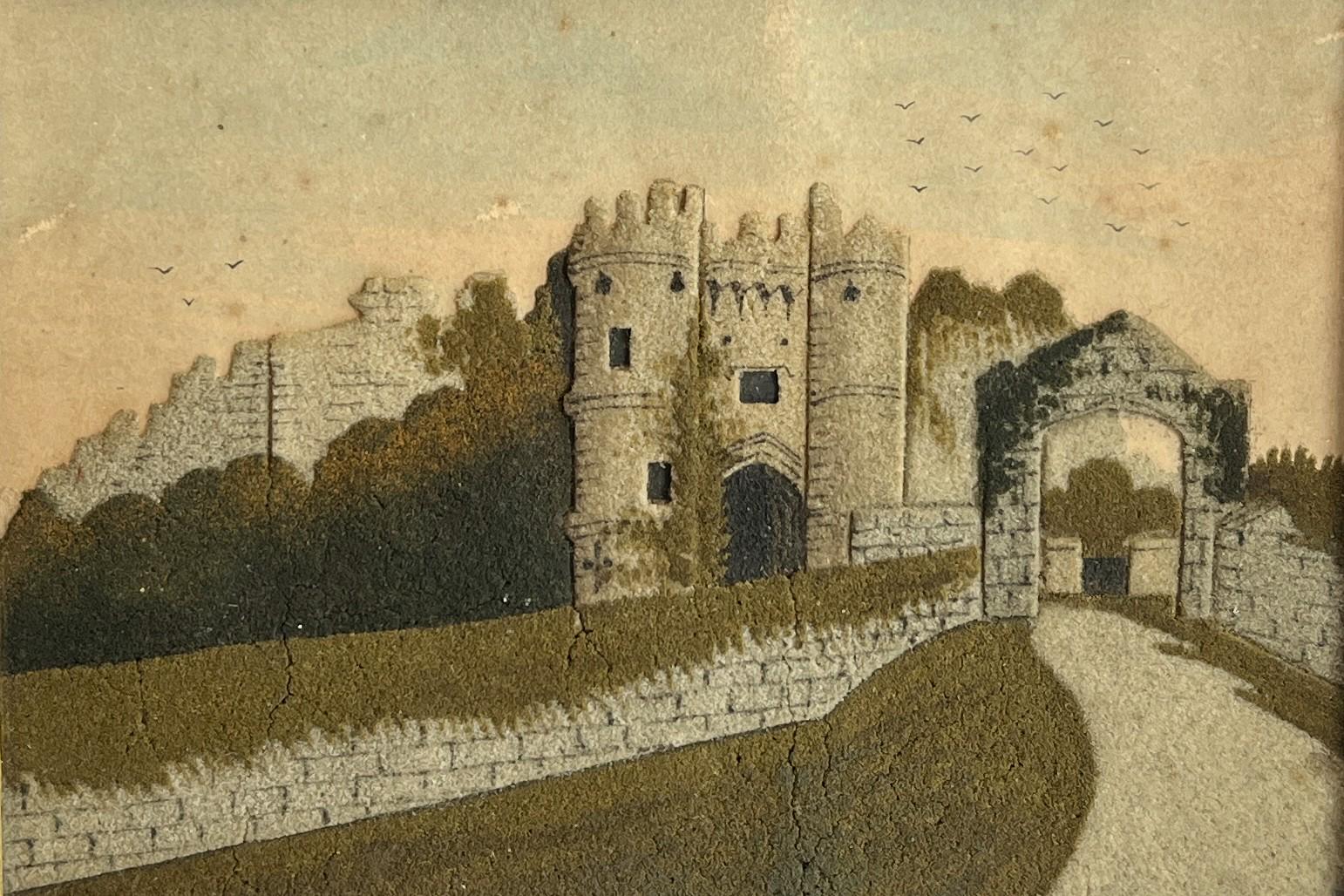19th Century Victorian Sand Picture Carisbrooke Castle Isle of Wight, English Folk Art