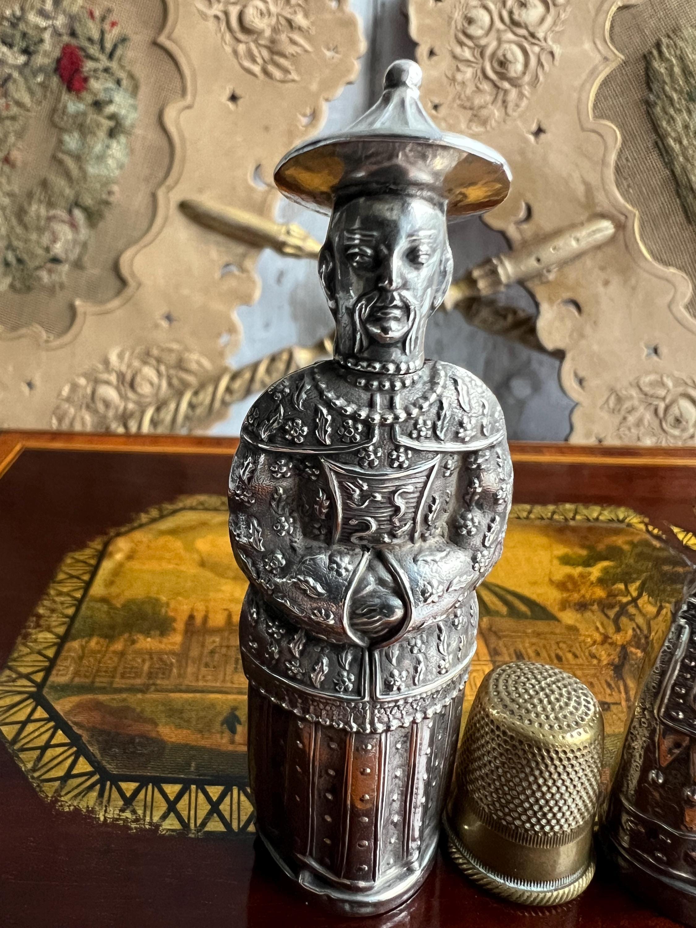 Antique Pair Georgian Needle Cases Sterling Silver Figural Sewing Bodkin Case Chinoiserie Circa 1820