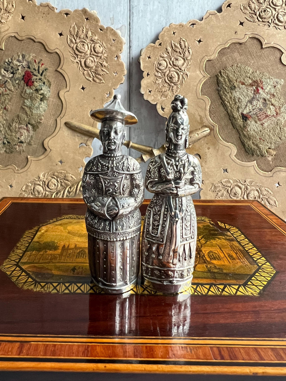 Antique Pair Georgian Needle Cases Sterling Silver Figural Sewing Bodkin Case Chinoiserie Circa 1820