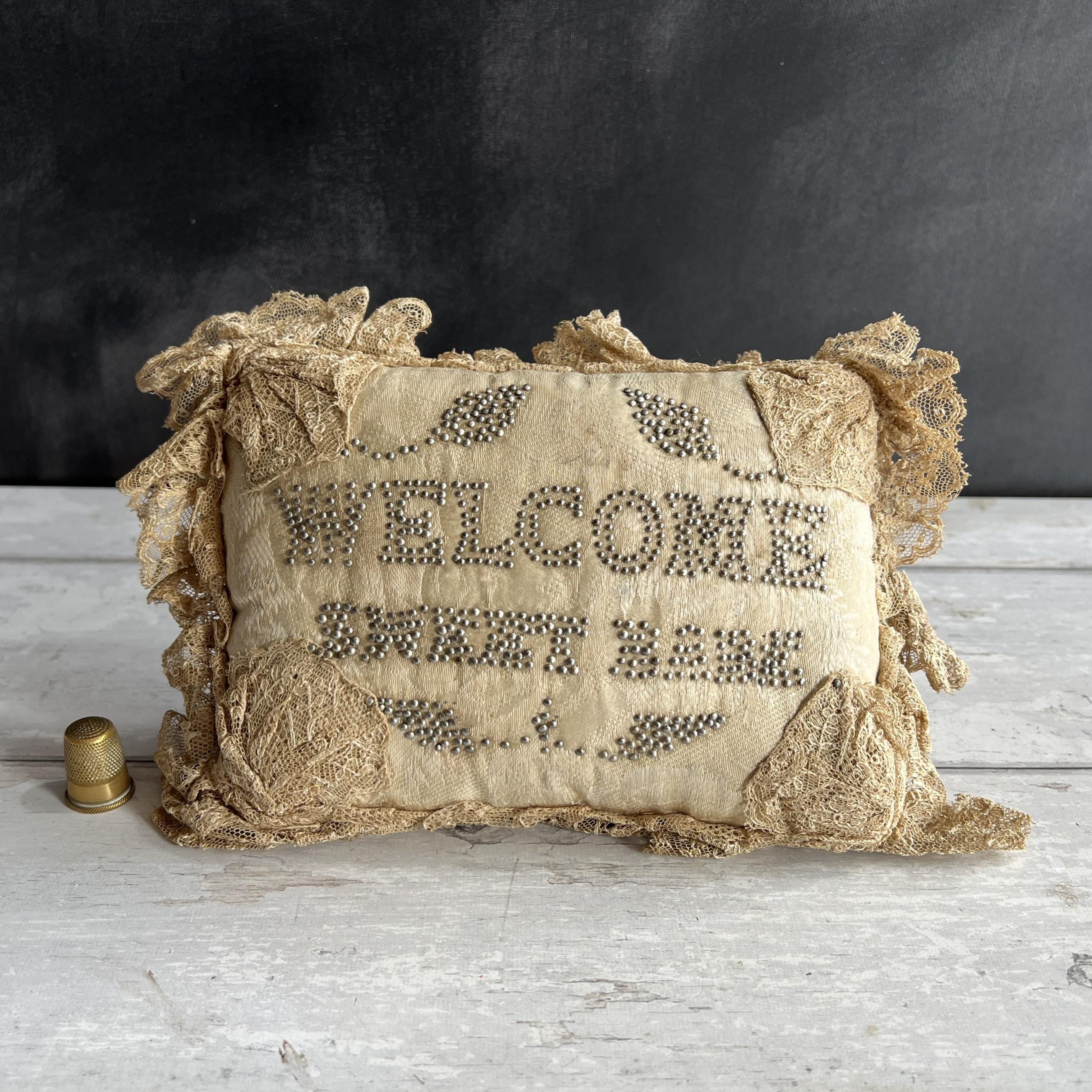 Antique Layette Pincushion Welcome Sweet Babe Silk Pillow English C 1850
