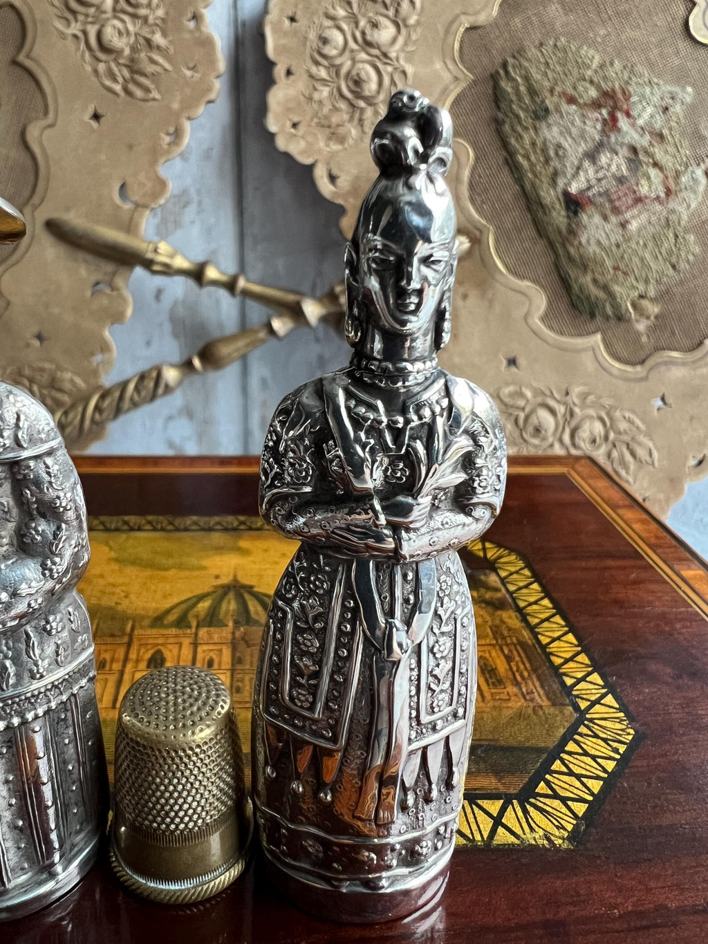 Antique Pair Georgian Needle Cases Sterling Silver Figural Sewing Bodkin Case Chinoiserie Circa 1820