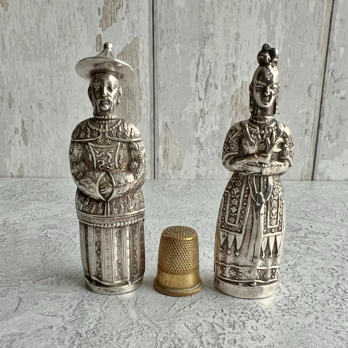 Antique Pair Georgian Needle Cases Sterling Silver Figural Sewing Bodkin Case Chinoiserie Circa 1820