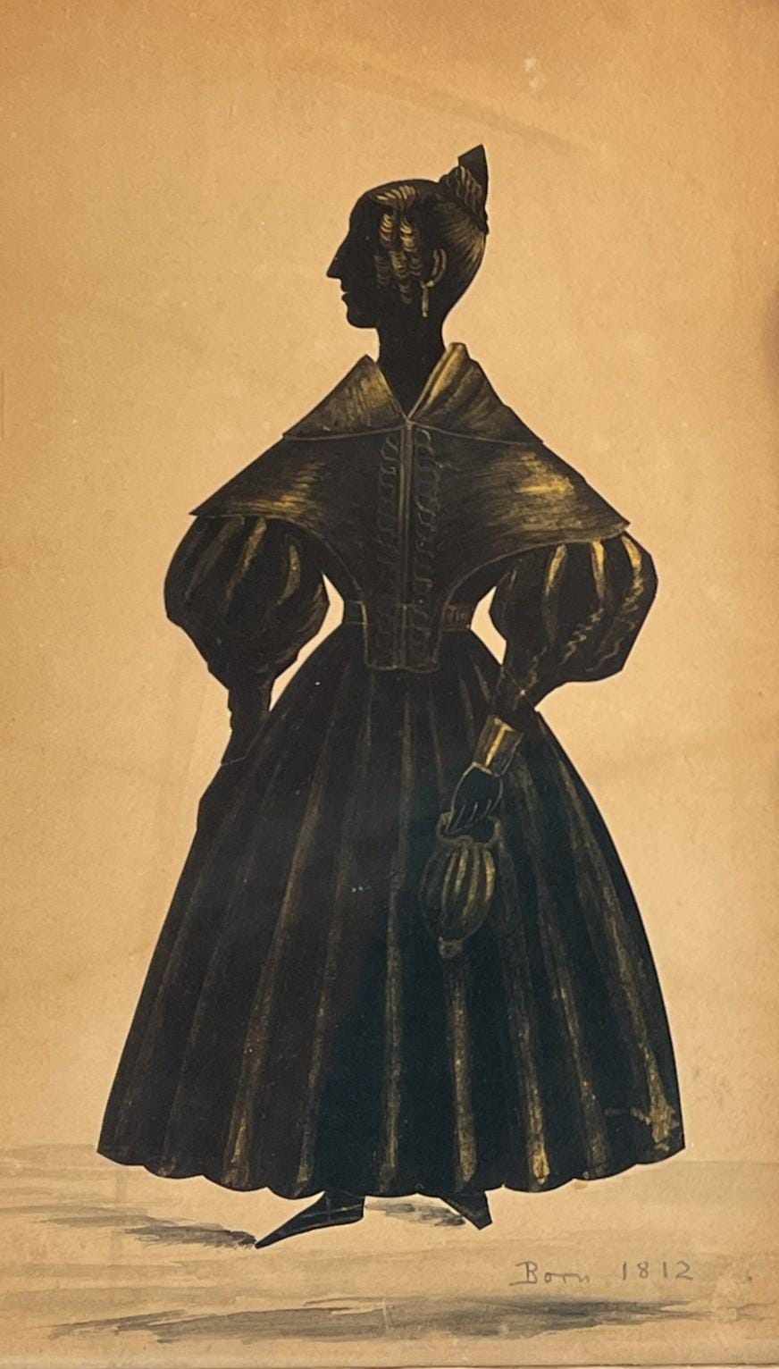 Antique Silhouette Full Length Cut Paper English Lady With Purse Reticule C 1835