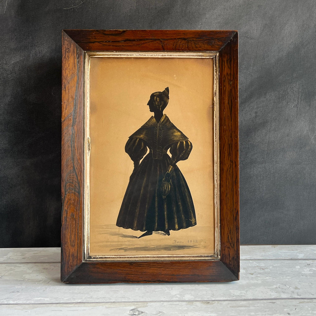 Antique Silhouette Full Length Cut Paper English Lady With Purse Reticule C 1835