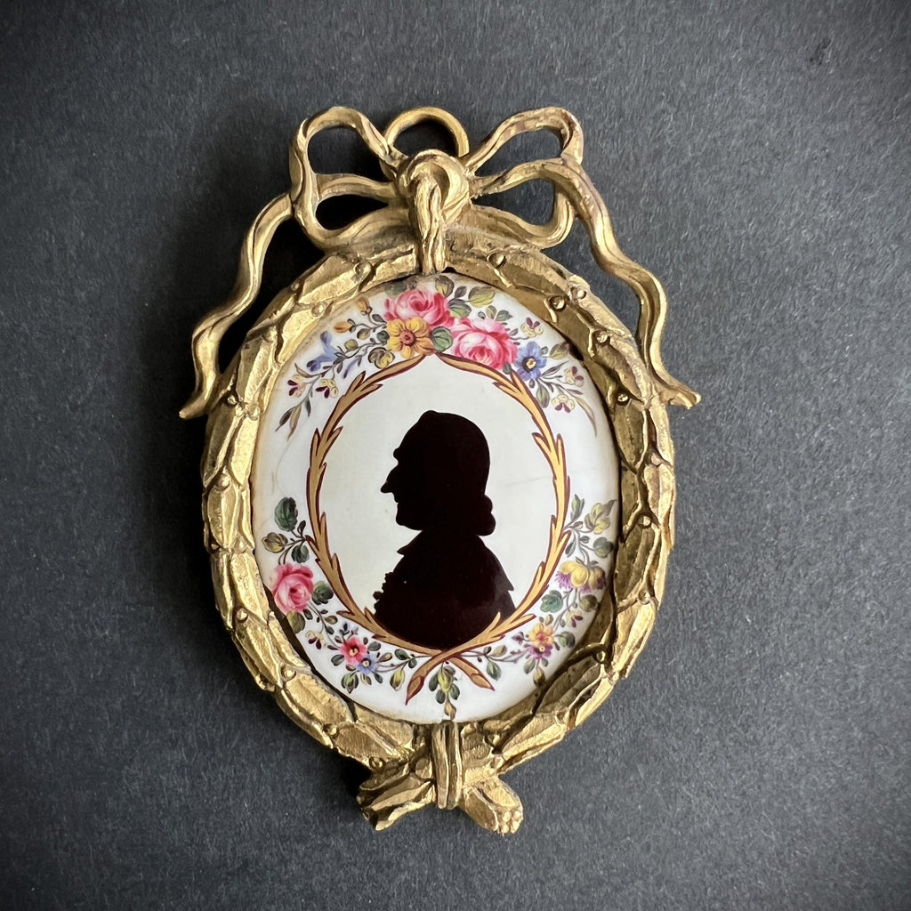 18th Century Enamel Silhouette Portrait, Gilt Ormolu Frame (Dolls House Size)