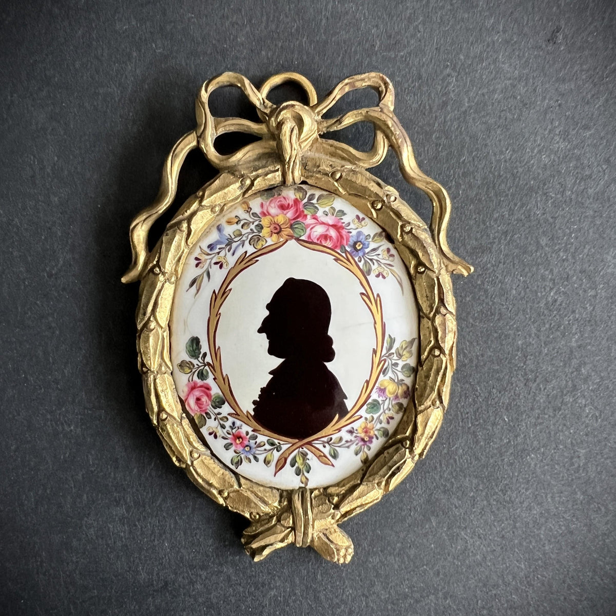 18th Century Enamel Silhouette Portrait, Gilt Ormolu Frame (Dolls House Size)