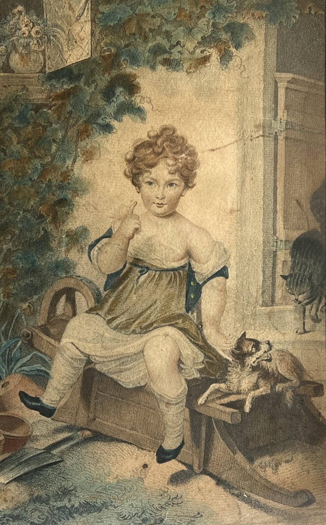 19th Century Engraving The Mother’s Pride Child And Dog Cat English C 1805 Gardeners Gift