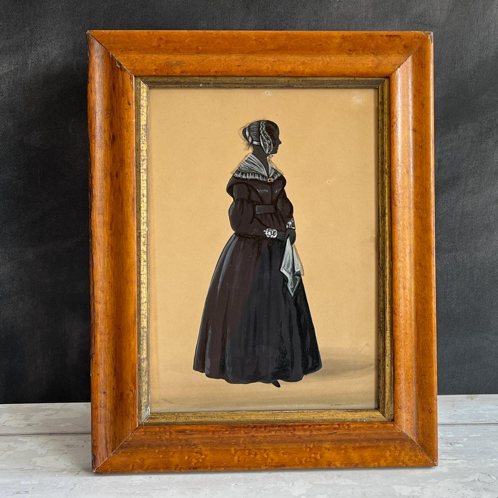 Antique 19th Century Silhouette Full Length Portrait Lady Dress Handkerchief English C 1830