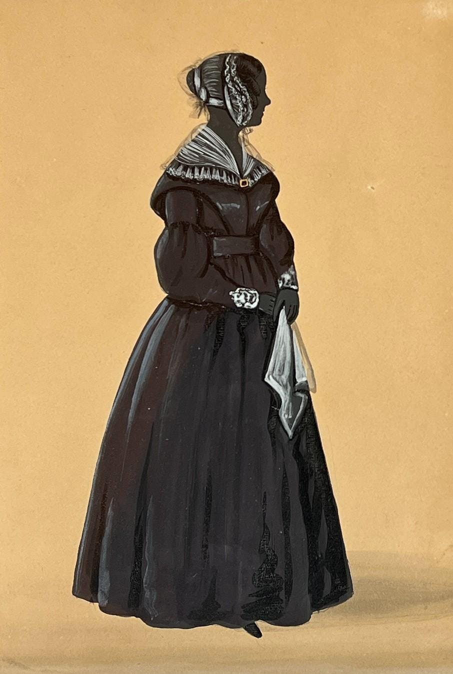 Antique 19th Century Silhouette Full Length Portrait Lady Dress Handkerchief English C 1830