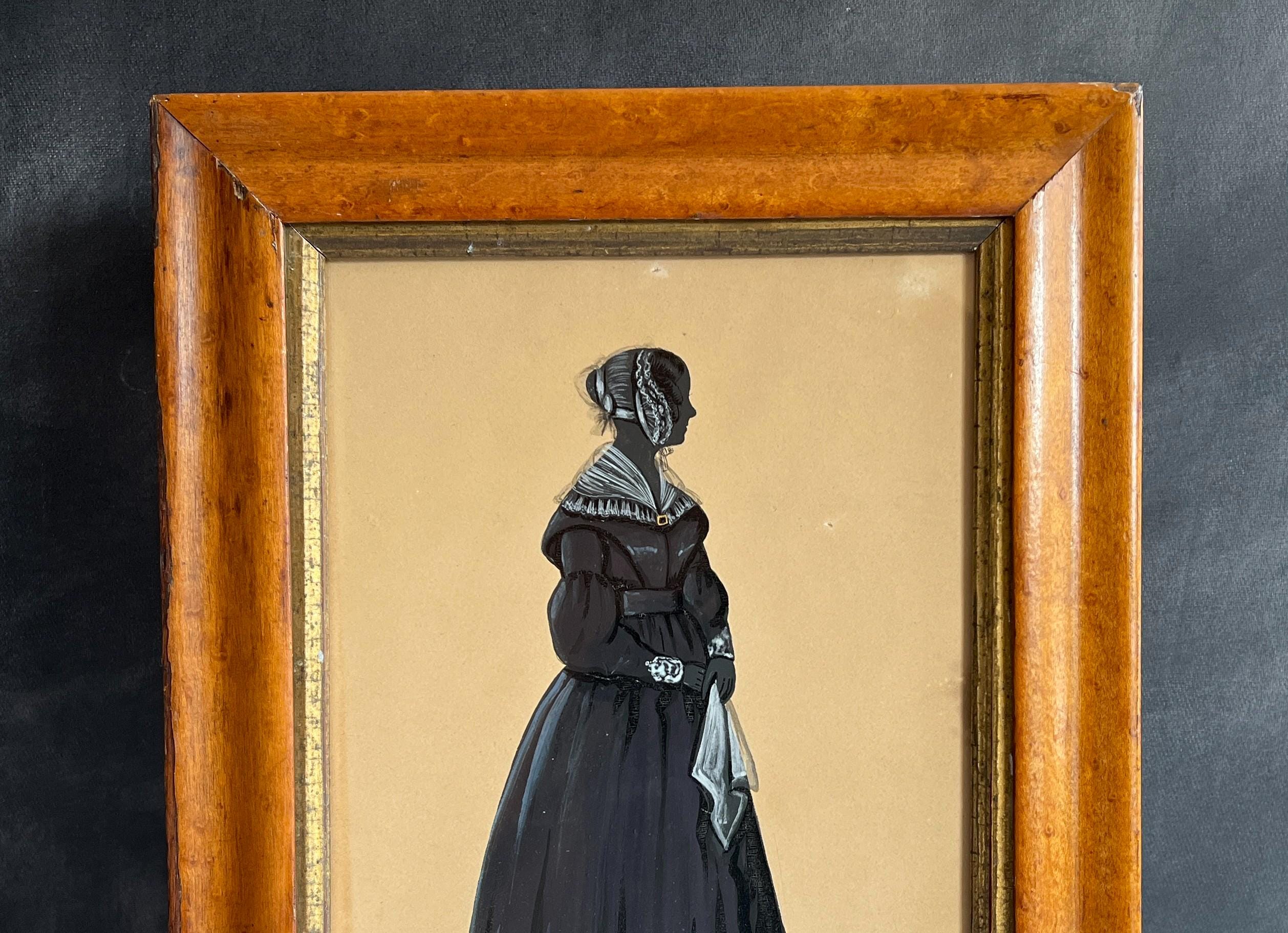 Antique 19th Century Silhouette Full Length Portrait Lady Dress Handkerchief English C 1830
