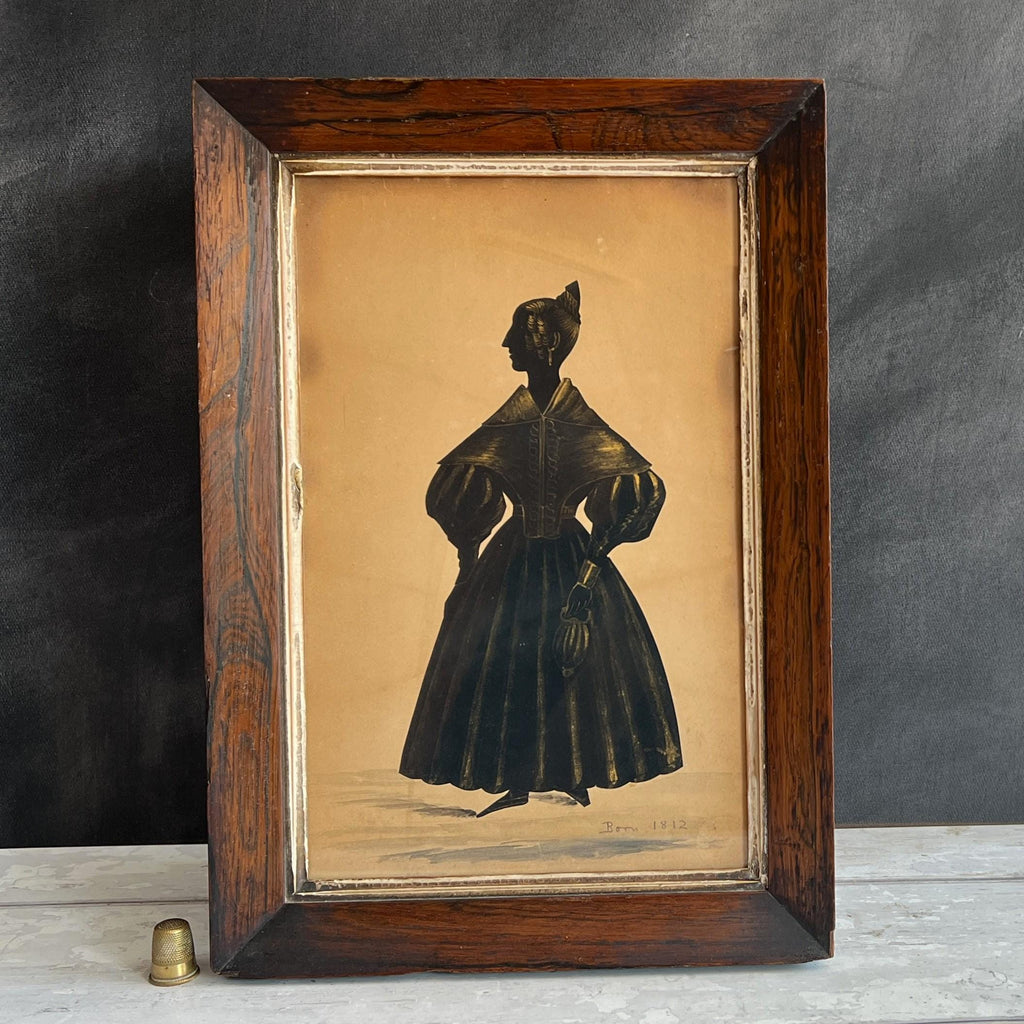 Antique Silhouette Full Length Cut Paper English Lady With Purse Reticule C 1835