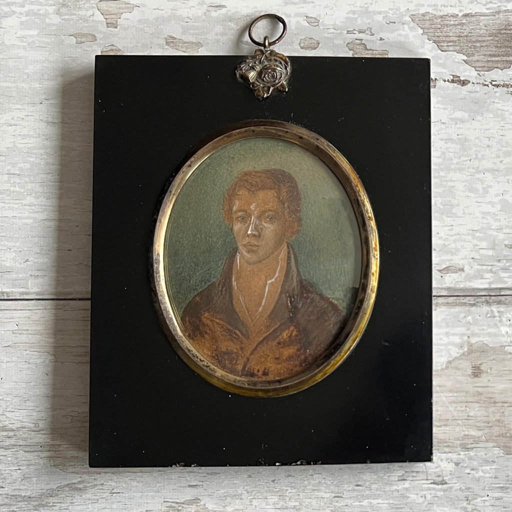 19th Century Georgian Portrait Miniature Young Man Blue Background C 1810