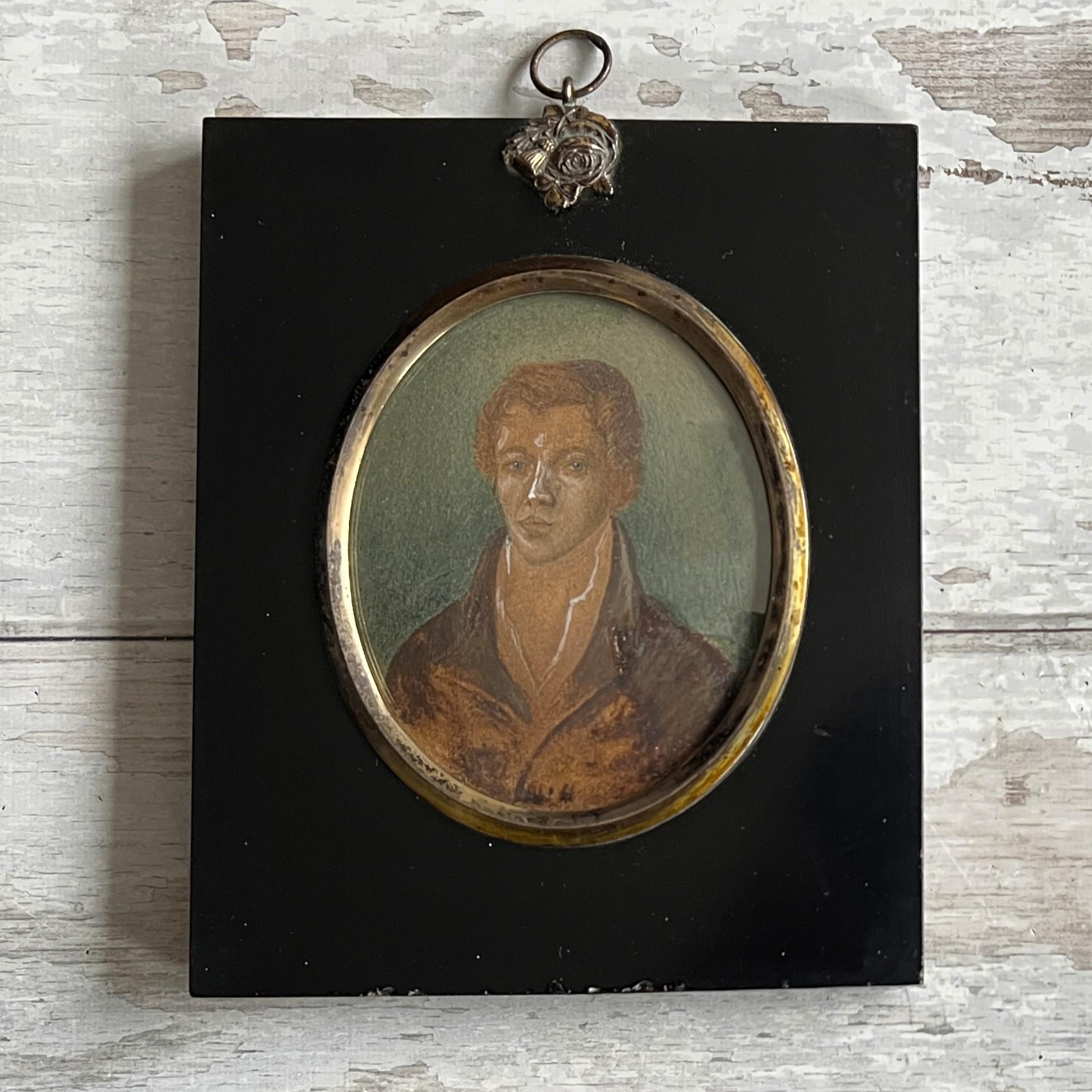 19th Century Georgian Portrait Miniature Young Man Blue Background C 1810