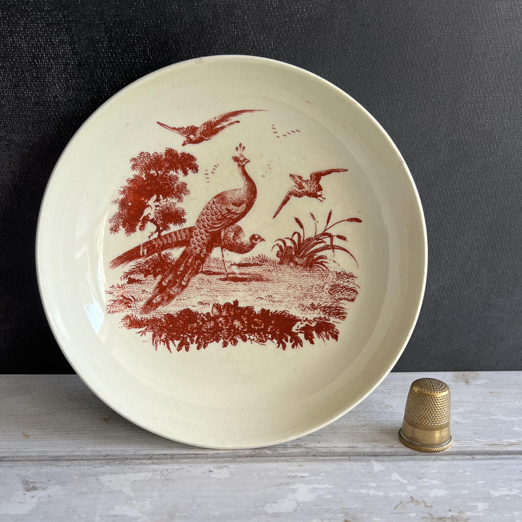 18th Century Wedgwood Creamware Plate Carmine Red Peacock Sadler & Green Liverpool Circa 1780
