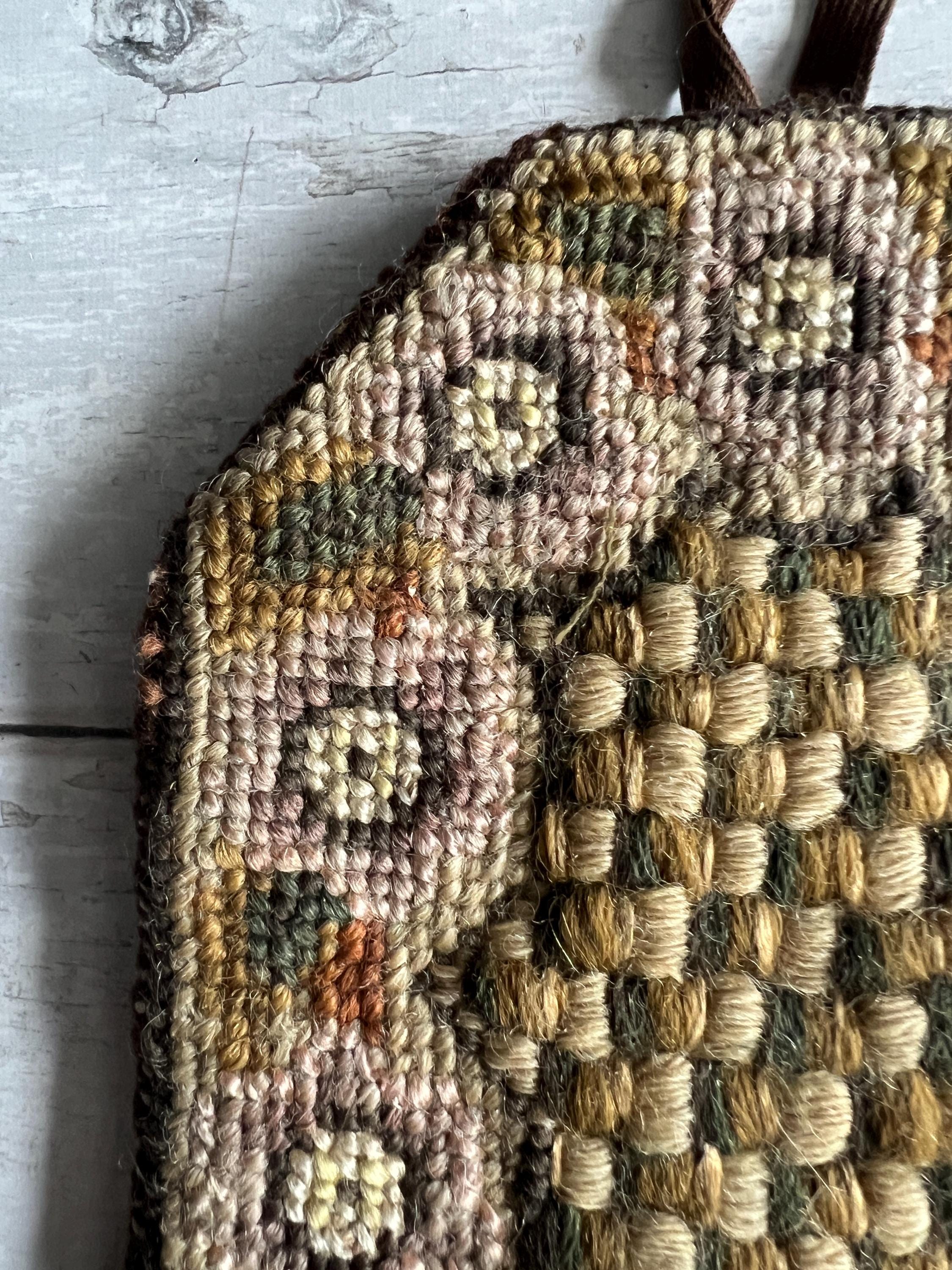 Antique 1850s Folk Art Needlepoint Lamp Mat Woolwork Pot Holder