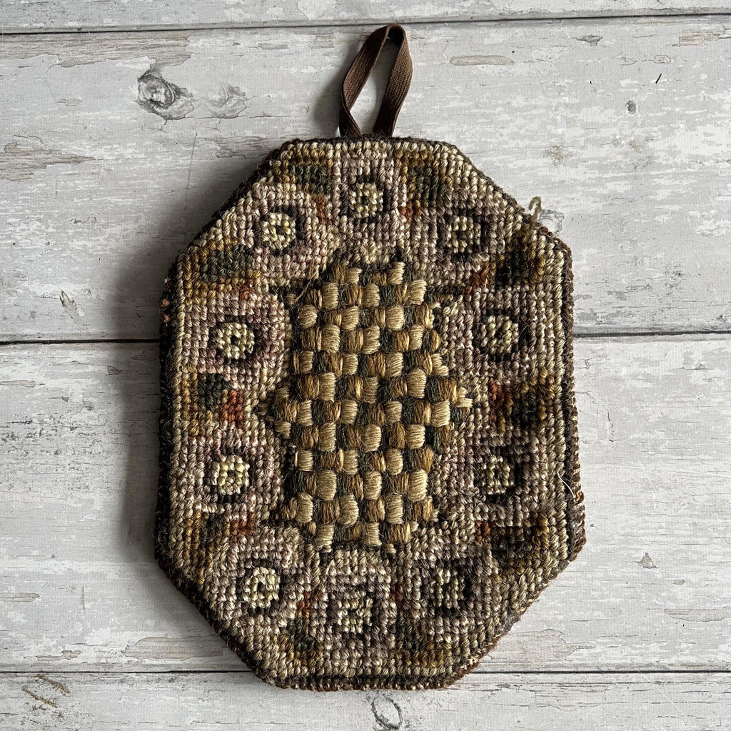 Antique 1850s Folk Art Needlepoint Lamp Mat Woolwork Pot Holder