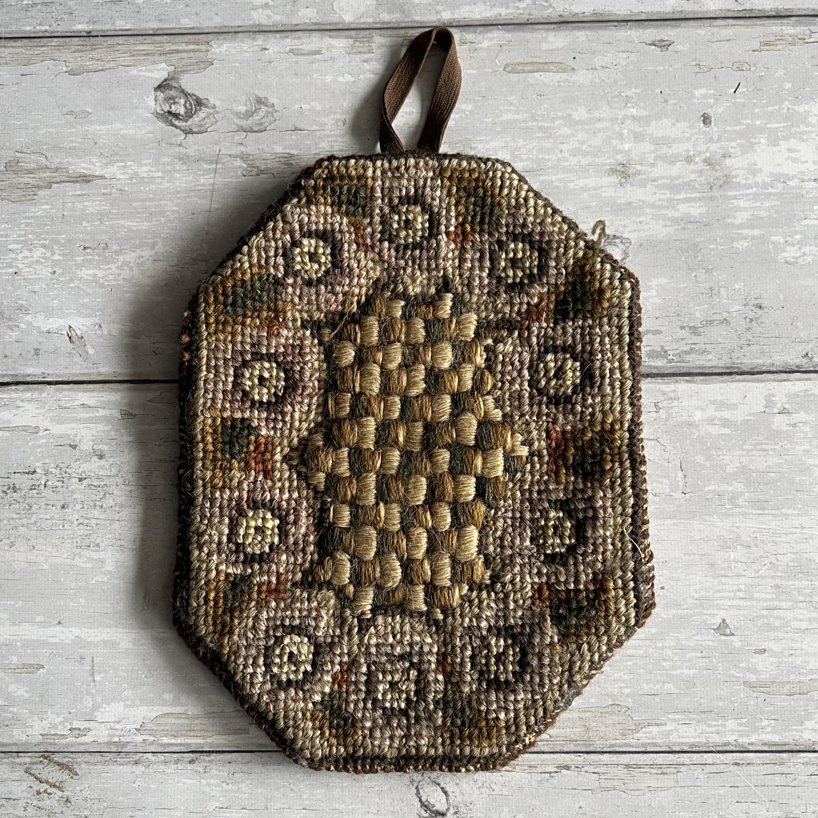 Antique 1850s Folk Art Needlepoint Lamp Mat Woolwork Pot Holder
