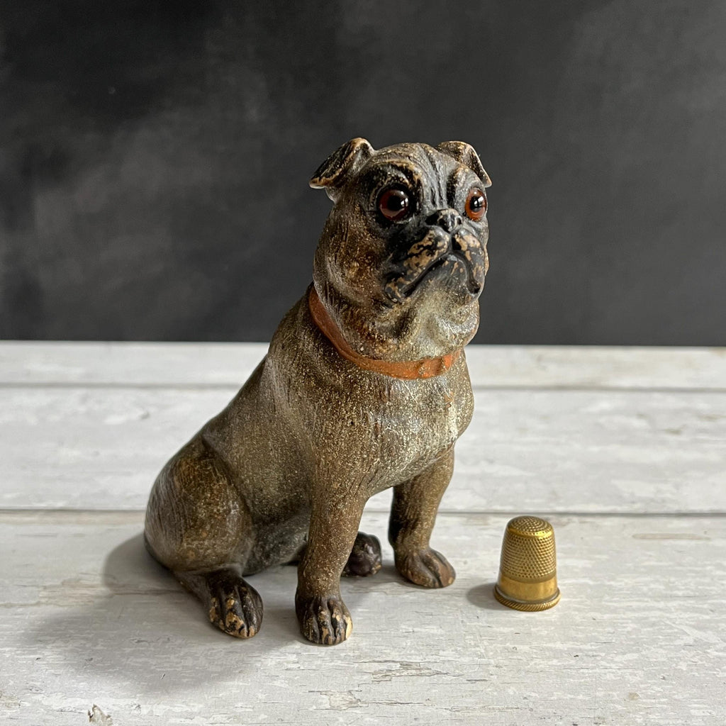 19th Century Pug Dog Figure Austrian Terracotta Glass Eyes C 1890