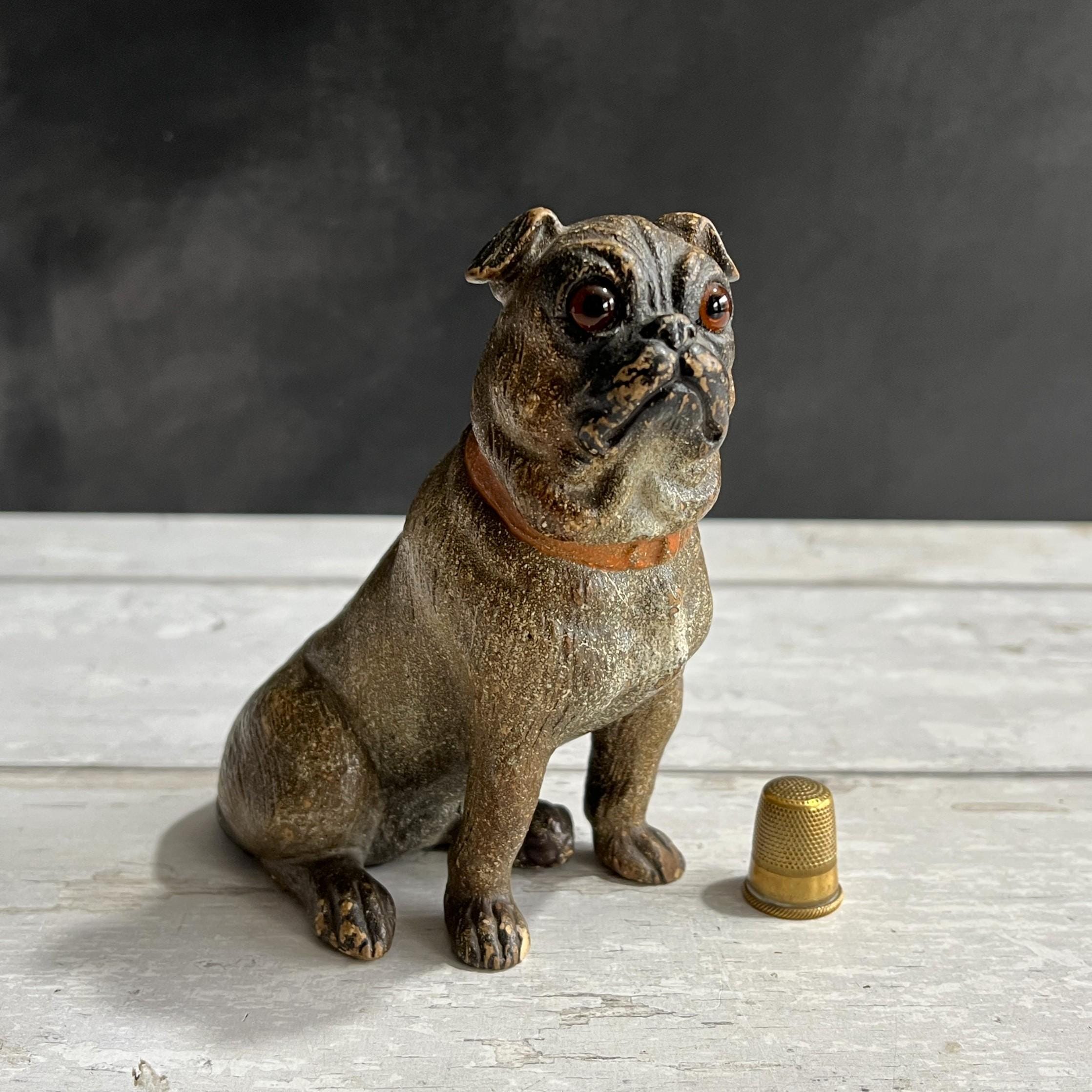 19th Century Pug Dog Figure Austrian Terracotta Glass Eyes C 1890