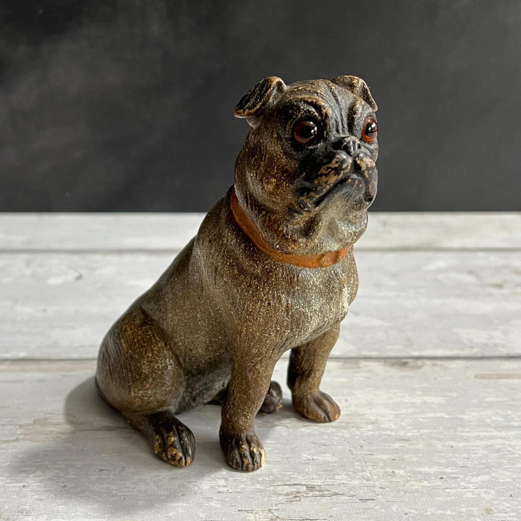 19th Century Pug Dog Figure Austrian Terracotta Glass Eyes C 1890