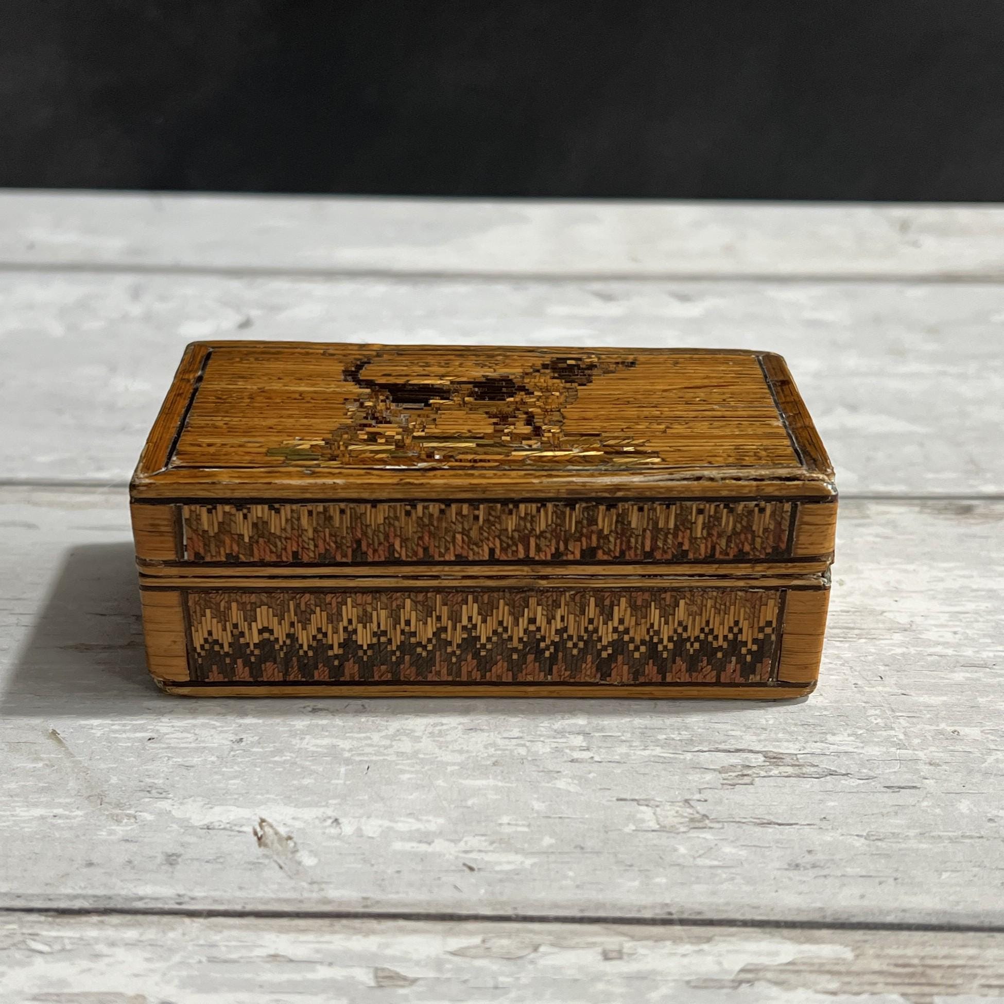 Antique Straw Work Box Dog Georgian Folk Art C 1820