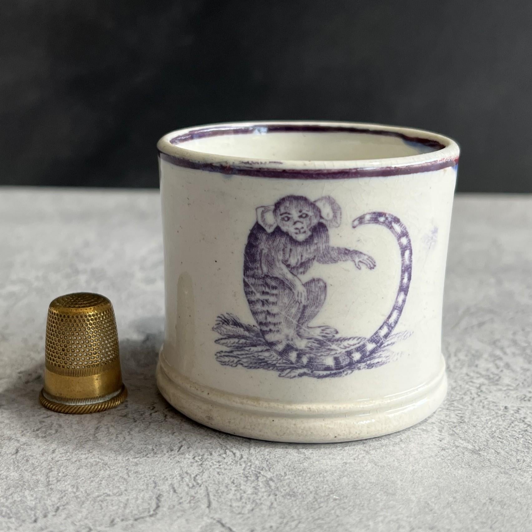 Antique Childs Nursery Ware Miniature Toy Mug Monkey C 1820 RARE
