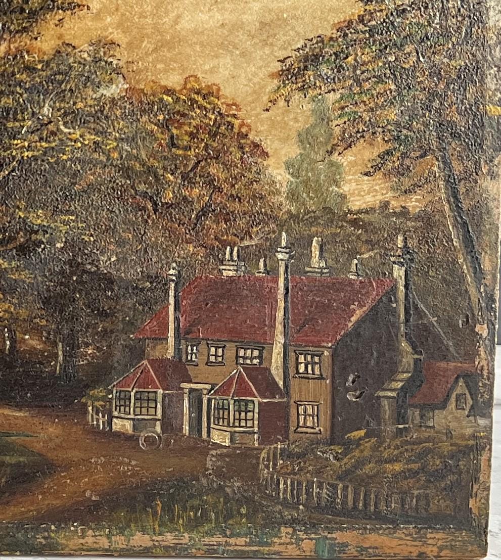 19th Century English Folk Art Oil Painting The Cowherds Inn Southampton C 1880
