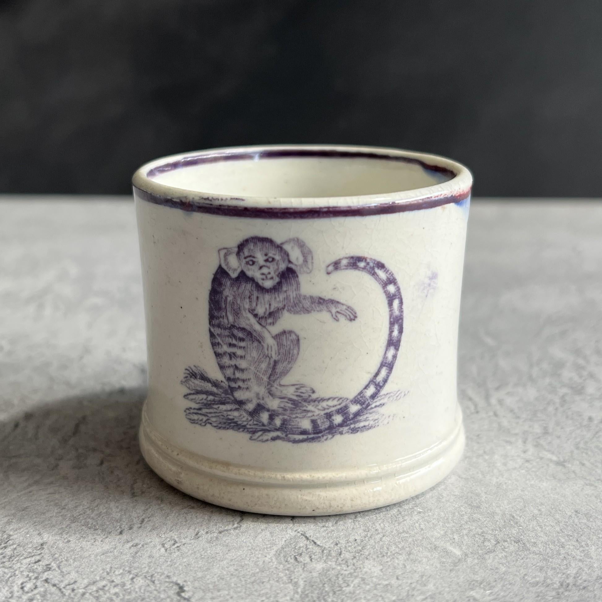 Antique Childs Nursery Ware Miniature Toy Mug Monkey C 1820 RARE