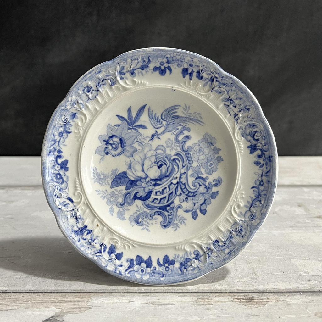 19th Century Miniature Blue And White Plate Bouquet Of Flowers Birds English C 1830