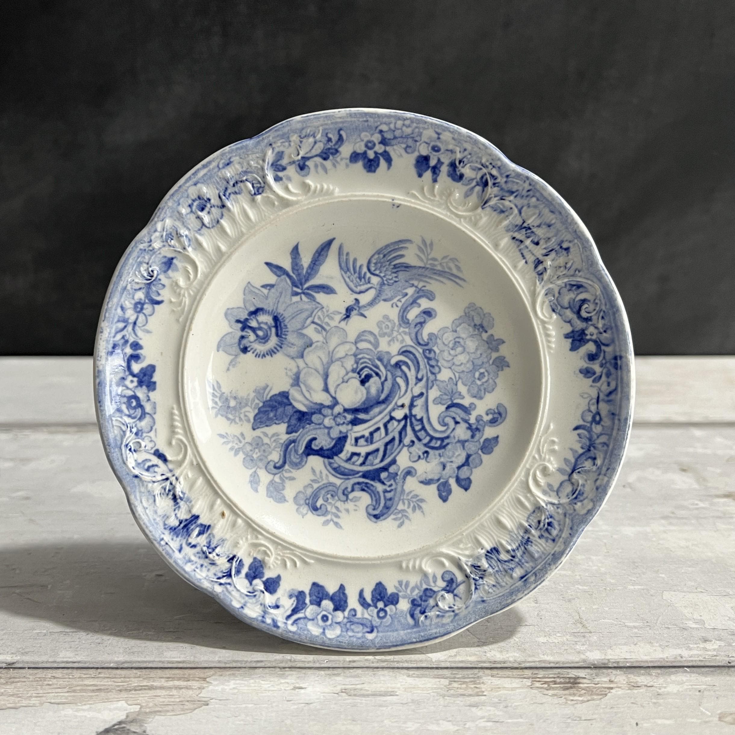 19th Century Miniature Blue And White Plate Bouquet Of Flowers Birds English C 1830