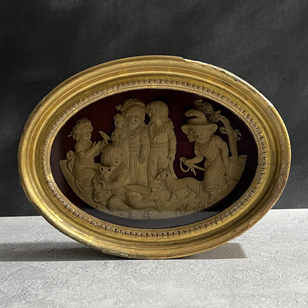 Rare 1795 Georgian Plaster Relief Artwork Children Playing with Pets
