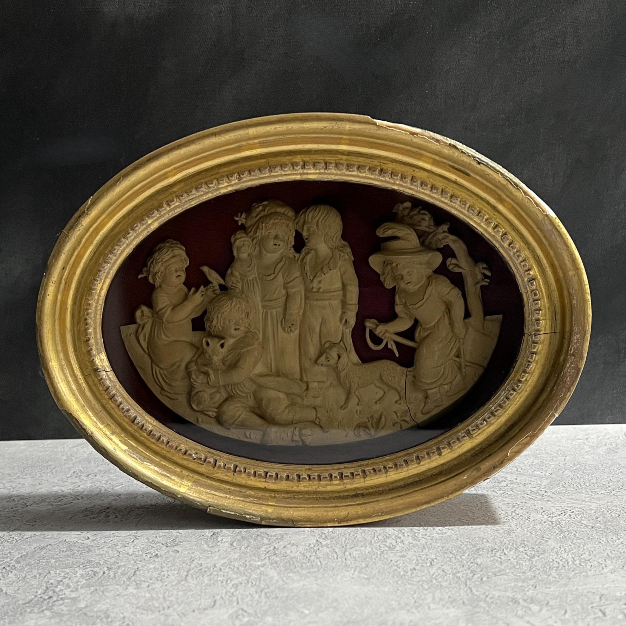 Rare 1795 Georgian Plaster Relief Artwork Children Playing with Pets
