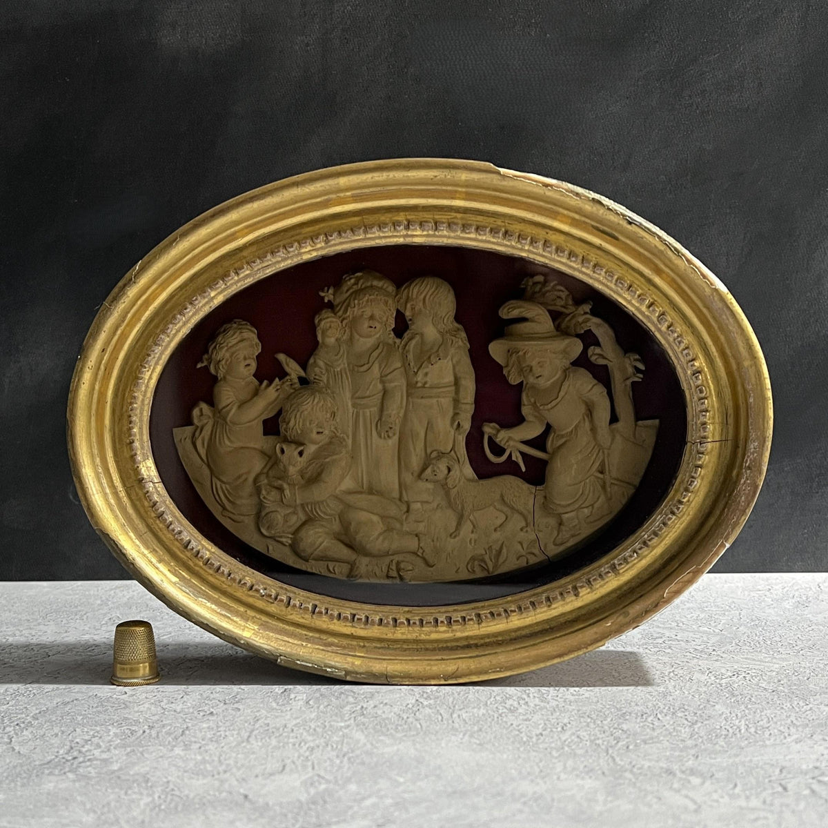 Rare 1795 Georgian Plaster Relief Artwork Children Playing with Pets