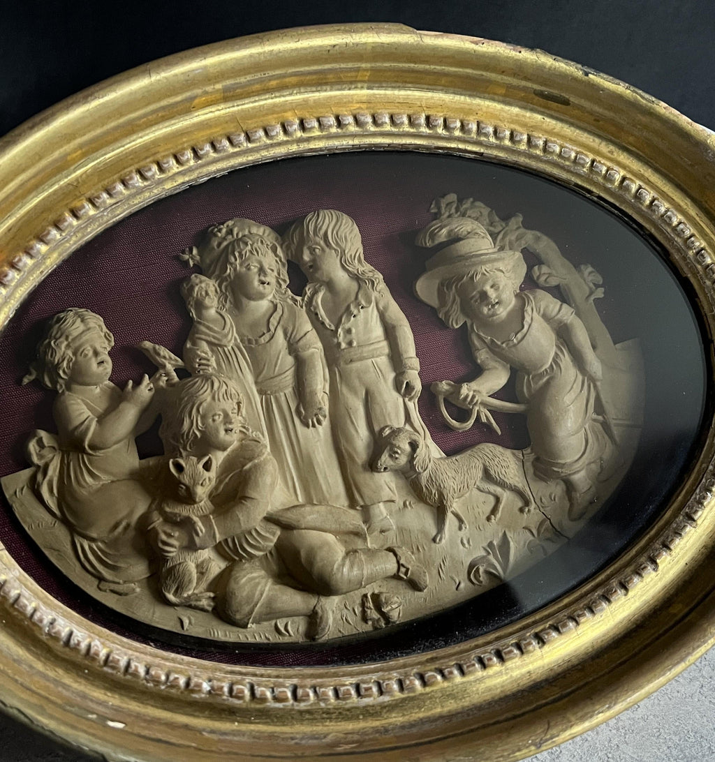 Rare 1795 Georgian Plaster Relief Artwork Children Playing with Pets