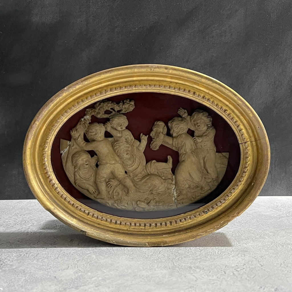 18th Century Oval Plaster Relief On Silk Naughty Children Playing The Devil C 1795 RARE AF