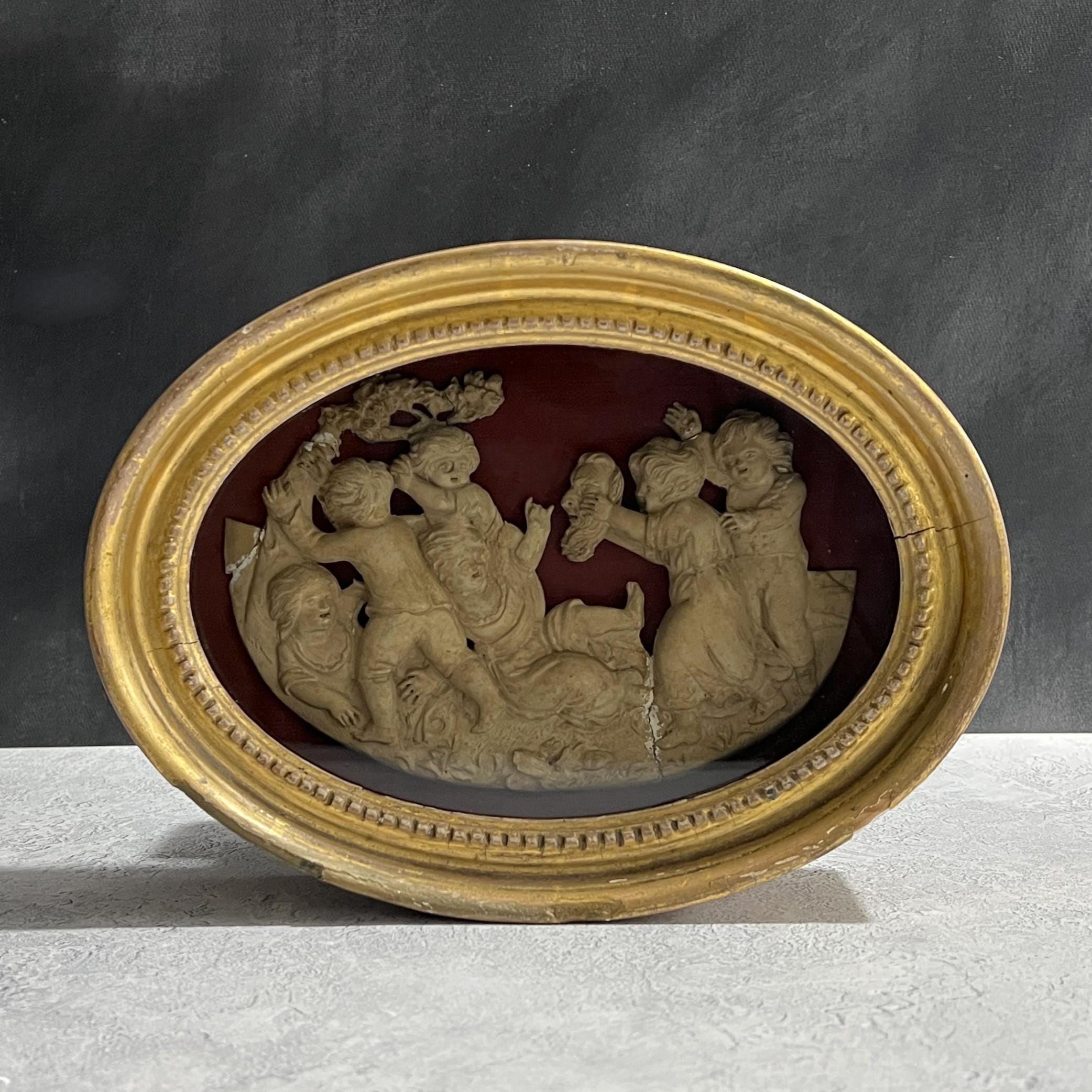 18th Century Oval Plaster Relief On Silk Naughty Children Playing The Devil C 1795 RARE AF