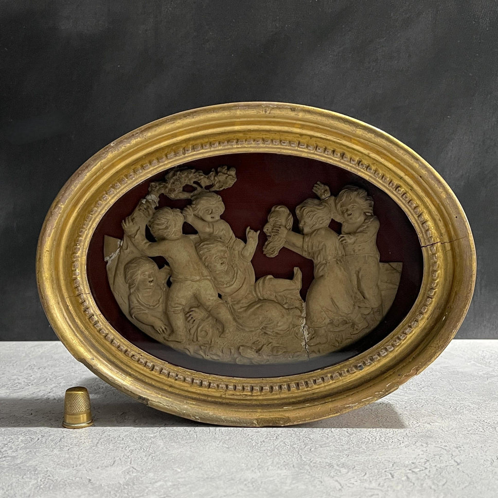 18th Century Oval Plaster Relief On Silk Naughty Children Playing The Devil C 1795 RARE AF