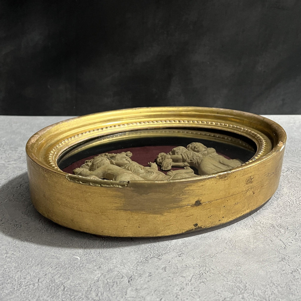 18th Century Oval Plaster Relief On Silk Naughty Children Playing The Devil C 1795 RARE AF
