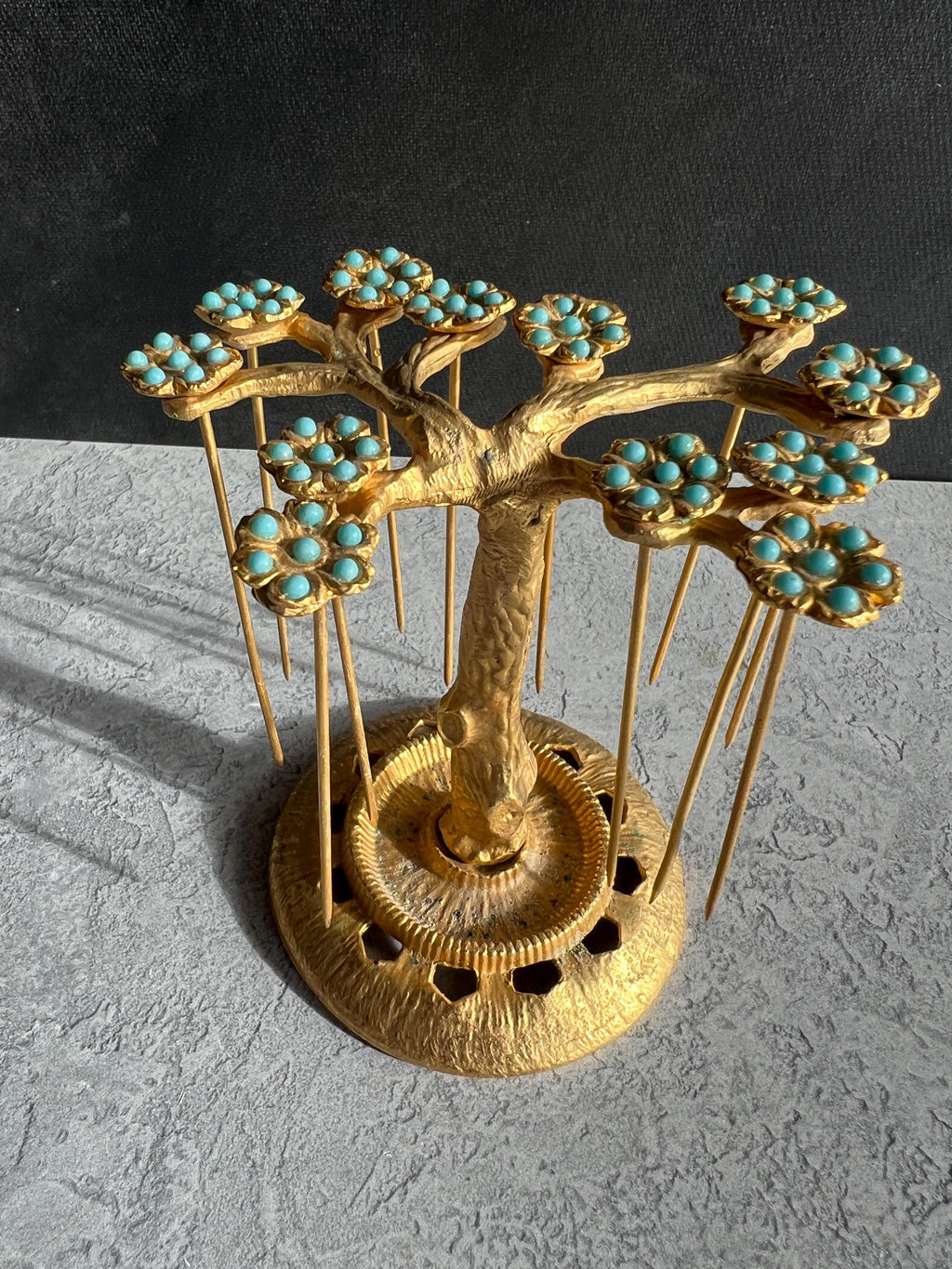Art Deco Gilt Ormolu Cocktail Stick Holder Celeste Blue Flowers