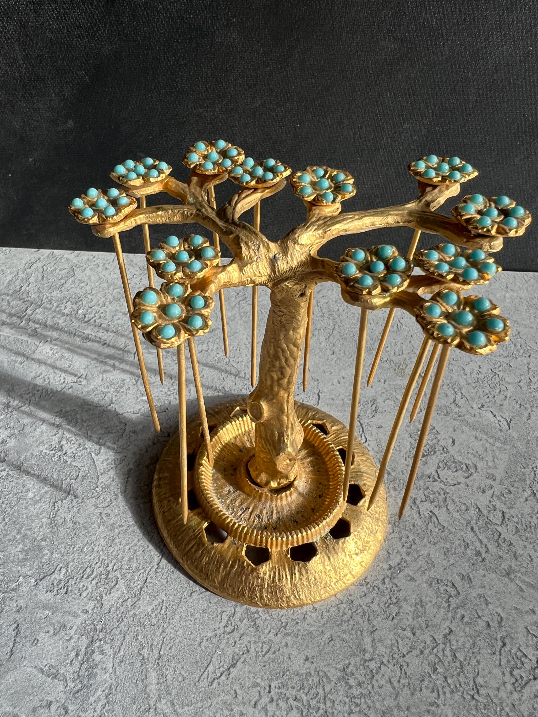 Art Deco Gilt Ormolu Cocktail Stick Holder Celeste Blue Flowers