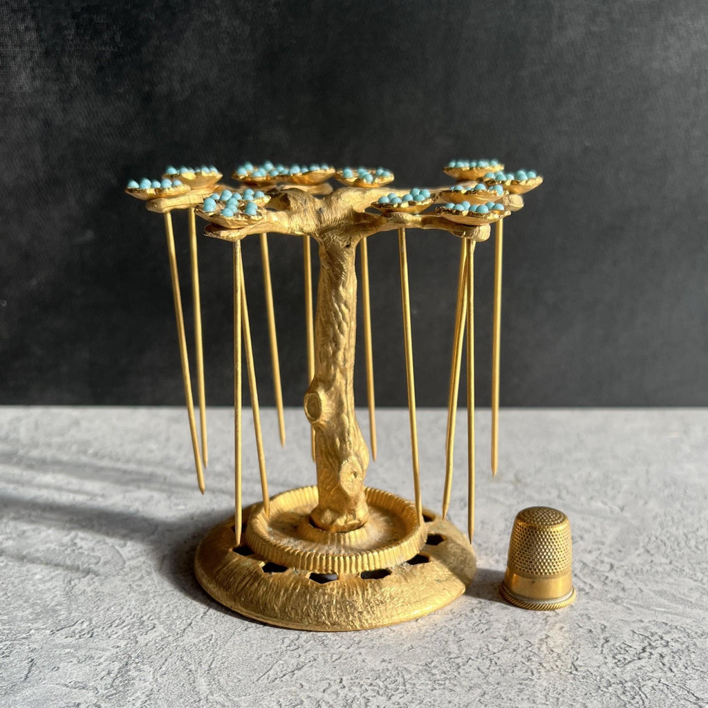Art Deco Gilt Ormolu Cocktail Stick Holder Celeste Blue Flowers
