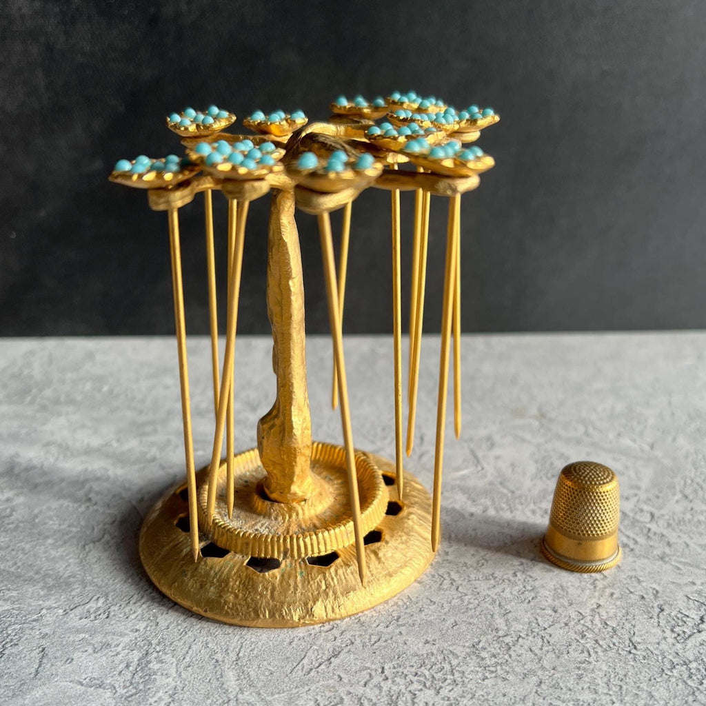 Art Deco Gilt Ormolu Cocktail Stick Holder Celeste Blue Flowers