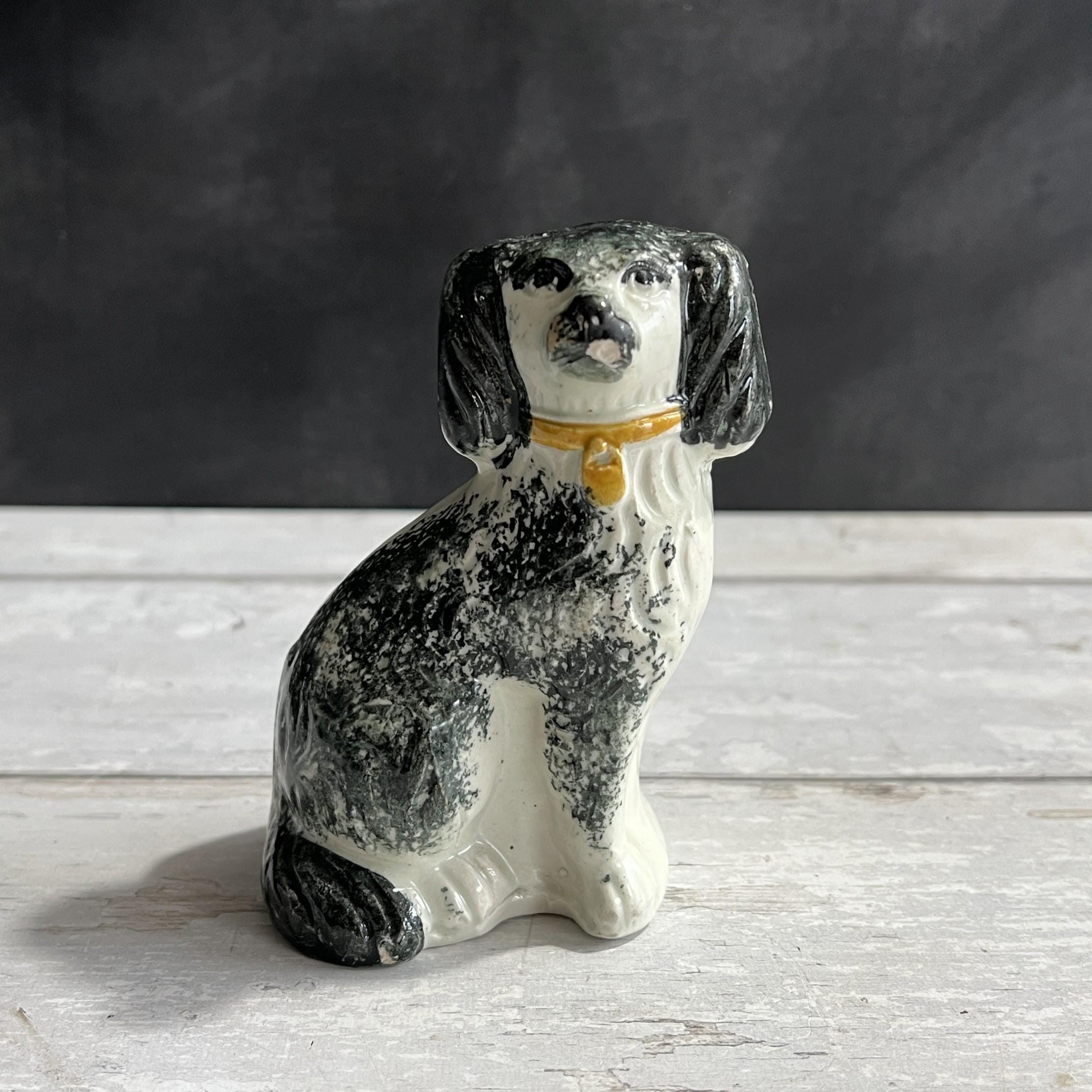 19th Century Staffordshire Dog Figure SMALL Dog Black Spatter Ware Spongeware C 1870
