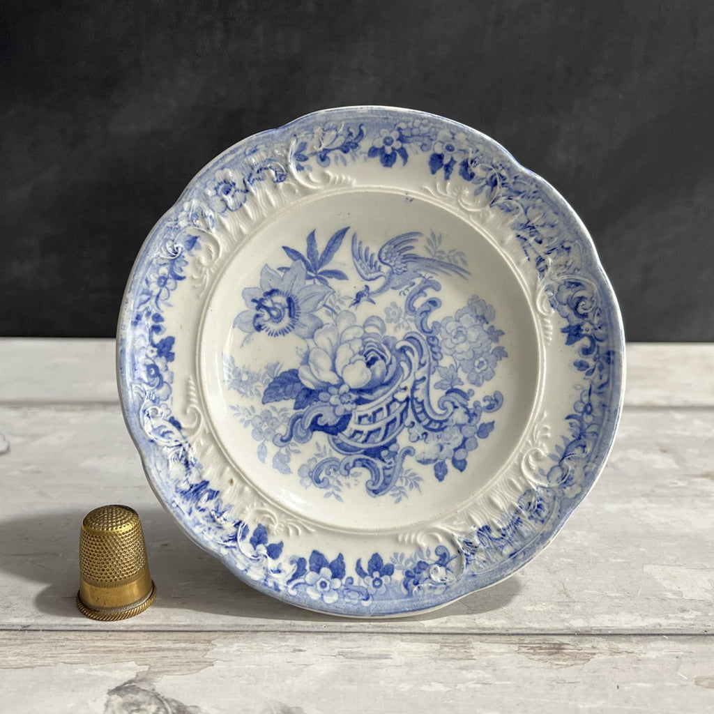 19th Century Miniature Blue And White Plate Bouquet Of Flowers Birds English C 1830