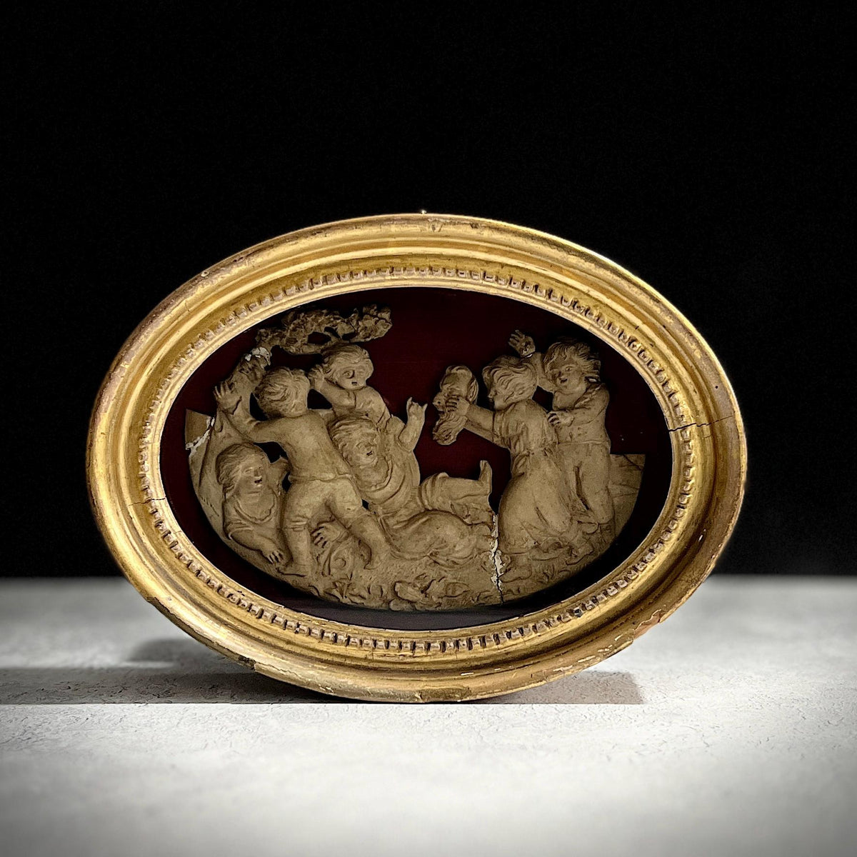 18th Century Oval Plaster Relief On Silk Naughty Children Playing The Devil C 1795 RARE AF