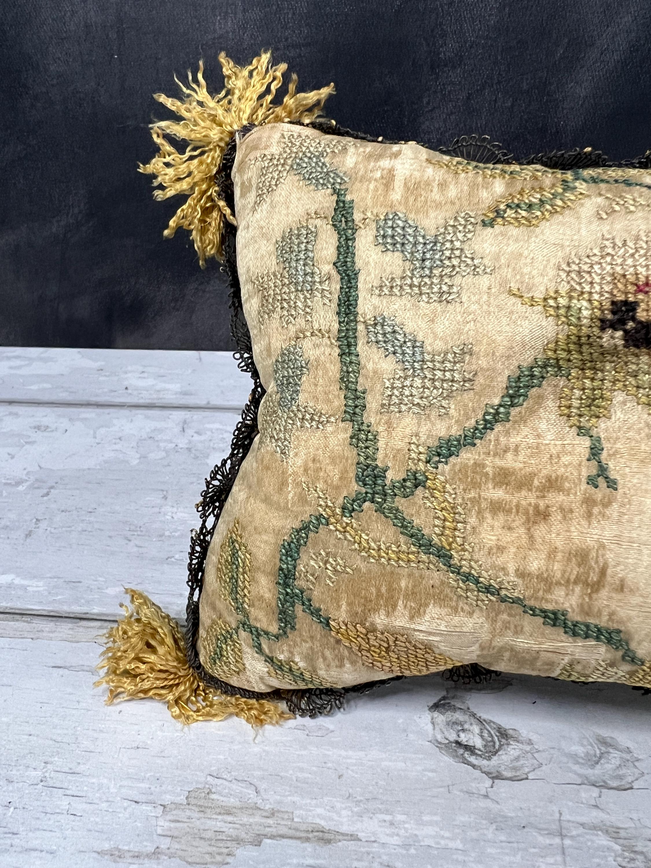 Early 18th Century Pincushion Silk Embroidered Needlework Flowers English Circa 1700 AF