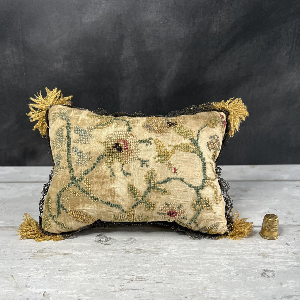 Early 18th Century Pincushion Silk Embroidered Needlework Flowers English Circa 1700 AF