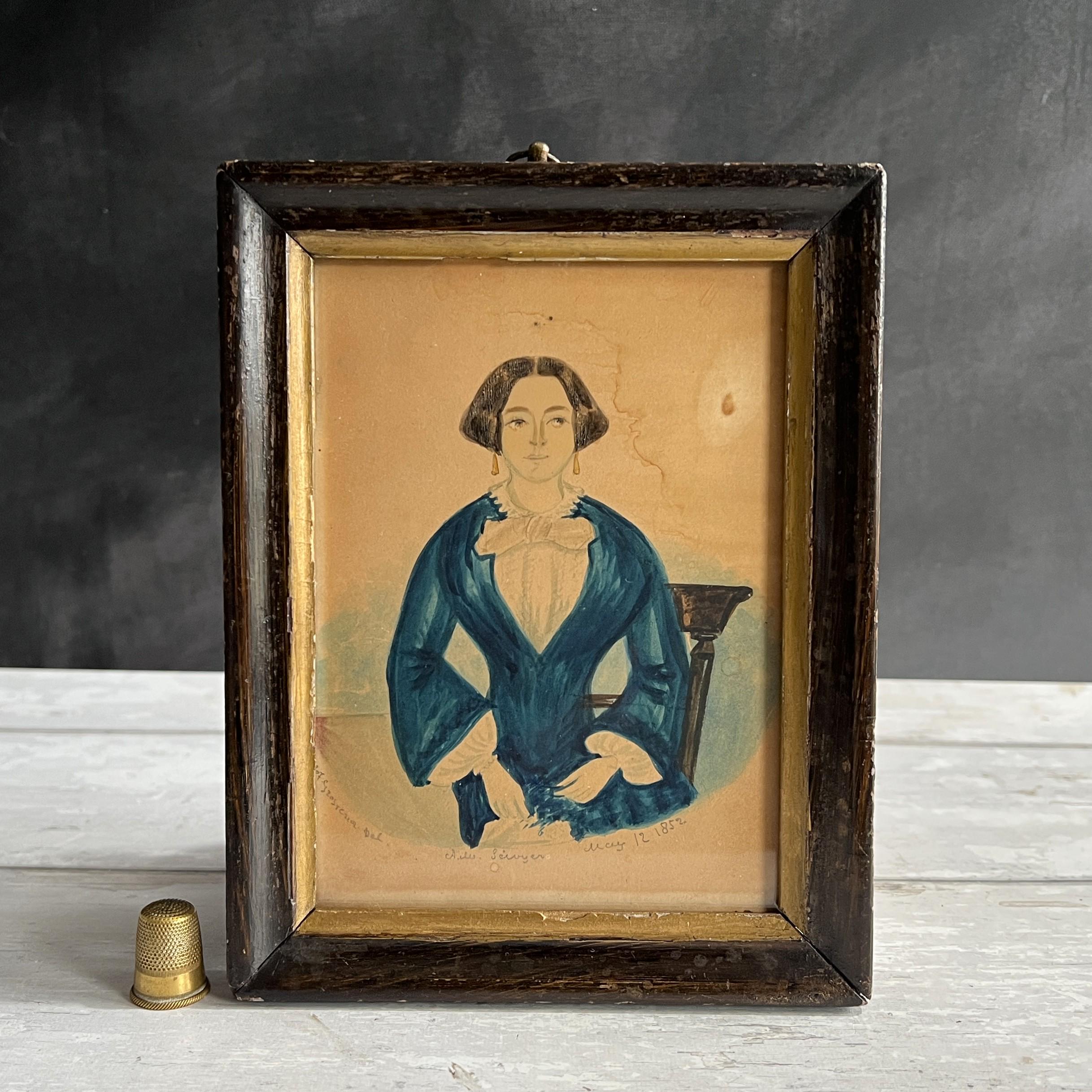 19th Century Miniature Folk Art Portrait of Anne Maria Scivyer of Brighton England 1852